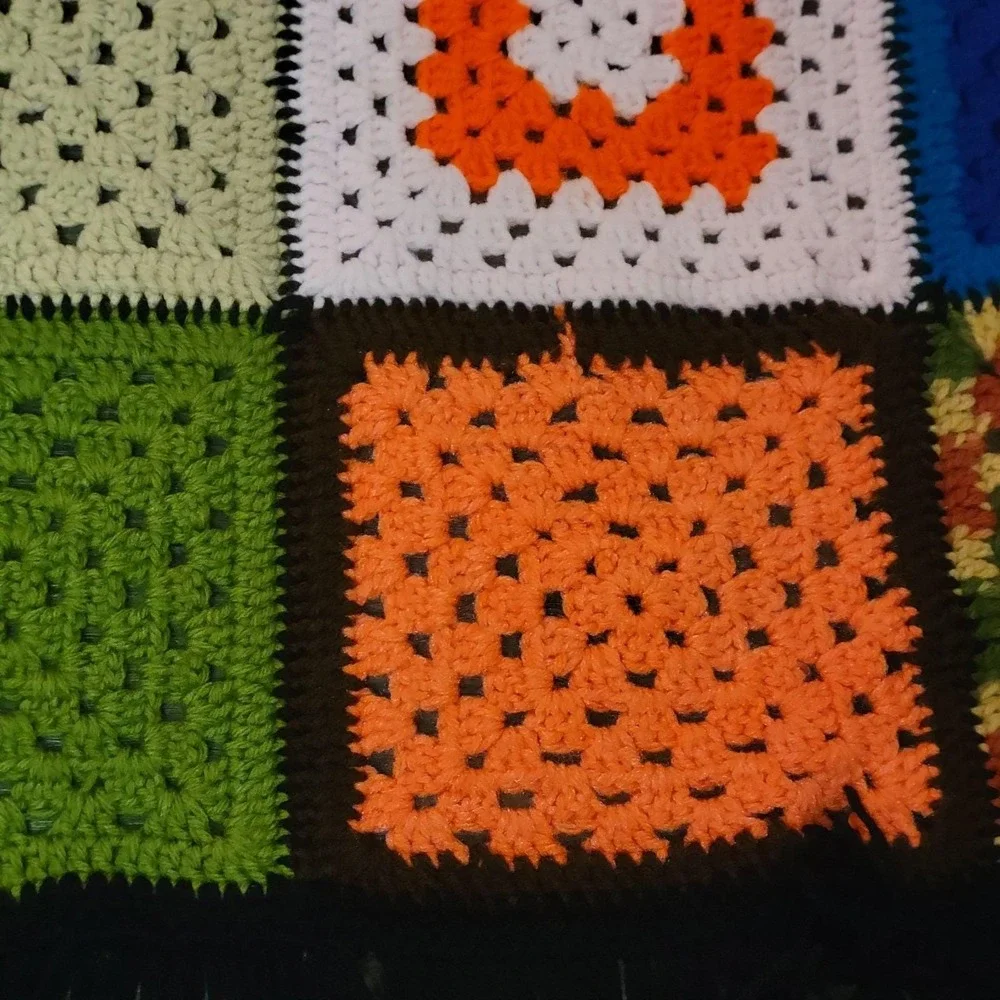 VTG Crochet Blanket Granny Square Fringe Afghan Throw 79x63